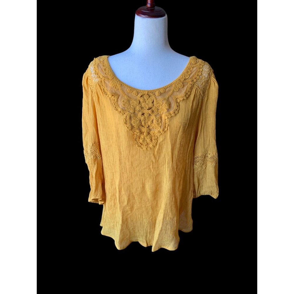 Indigo Rose Mustard Crochet 3/4 Sleeve Lace Gauze Bohemian Tunic Shirt Women 2XL